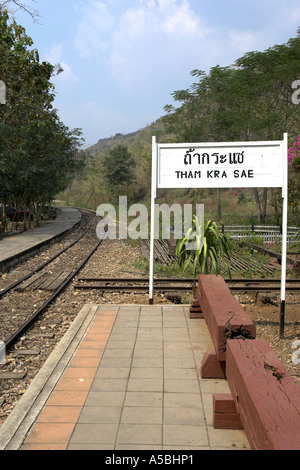 Burma Railway tracks at Thamkrasae Station Thailand Stock Photo