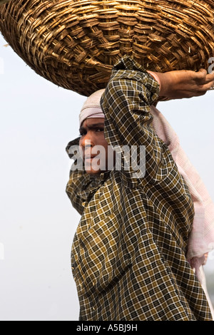 Indian woman farm laborer lifting and carrying a basket of harvested rice on her head. Andhra Pradesh, India Stock Photo