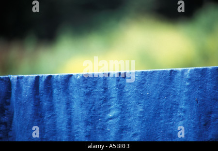 Natural woad dyed material drying in Lectoure Europe's only woad factory Gers France. Stock Photo