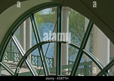 Arched window of the Como Park Lakeside Pavilion over looking Lake Como. St Paul Minnesota USA Stock Photo