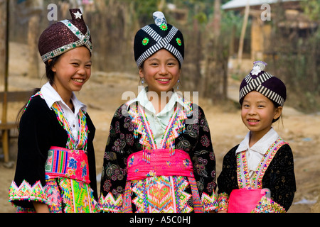 Hmong Girls in Traditional Clothing Ban Khua 1 near Luang Prabang Laos Stock Photo