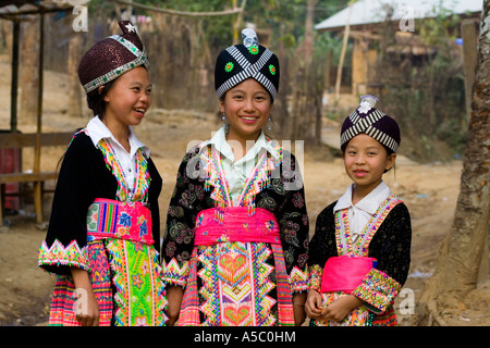 Green Hmong Girls in Traditional Clothing Ban Khua 1 near Luang Prabang Laos Stock Photo