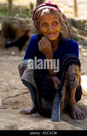 Expressive Old Laotian Woman with a Machete Udomxai or Muang Xai Laos Stock Photo