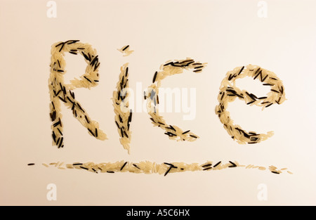 White and black Basmati rice forming word 'Rice' on white background Stock Photo