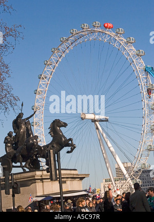 Statue of Boudica with chariot and leaping horses, located on Westminster Bridge near the London Eye, London GB UK Stock Photo