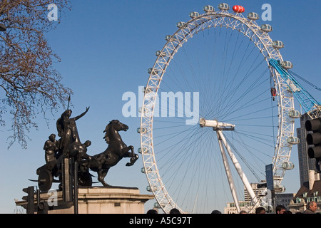 Statue of Boudica with chariot and leaping horses, located on Westminster Bridge near the London Eye, London GB UK Stock Photo