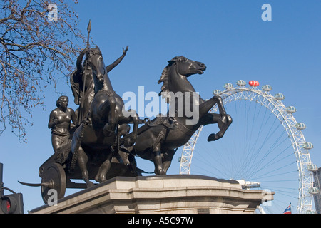 Statue of Boudica with chariot and leaping horses, located on Westminster Bridge near the London Eye, London GB UK Stock Photo