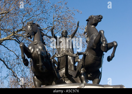 Statue of Boudica with chariot and leaping horses, located on Westminster Bridge near the London Eye, London GB UK Stock Photo