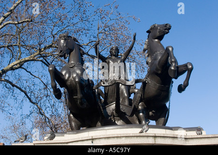 Statue of Boudica with chariot and leaping horses, located on Westminster Bridge near the London Eye, London GB UK Stock Photo