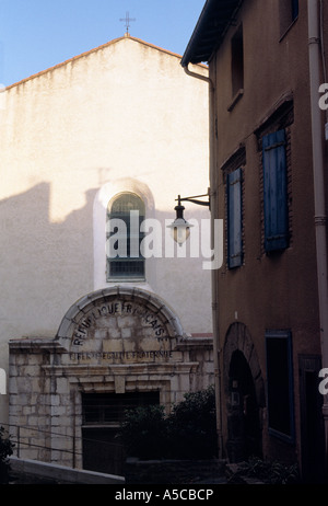 Entrance to an old church amongst quaint quiet back streets. Collioure, Southern France Stock Photo