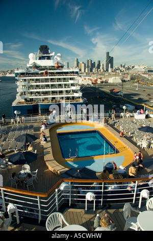 Scenic views of Holland America ms Veendam and Celebrity Cruise Lines Summit cruise ships in the port of Seattle Stock Photo