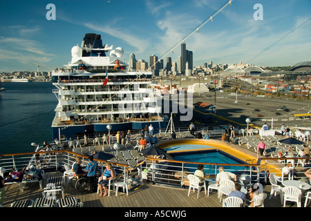 Scenic views of Holland America ms Veendam and Celebrity Cruise Lines Summit cruise ships in the port of Seattle Stock Photo