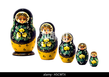 Five Russian dolls in sequence isolated on white. Stock Photo