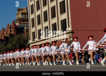 Band of majorettes marching during a Christmas parade Stock Photo