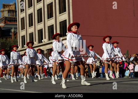 Band of majorettes marching during a Christmas parade Stock Photo