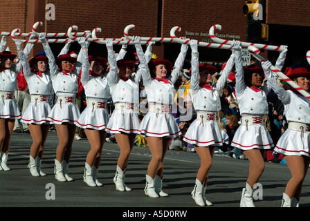 Band of majorettes marching during a Christmas parade Stock Photo