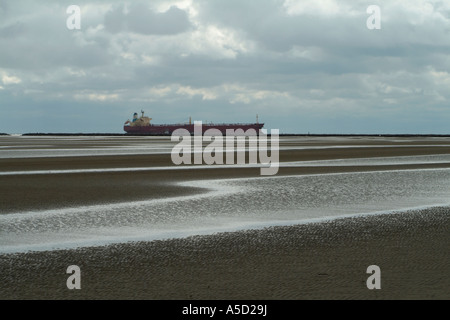 Super tanker off a beach on Bolivar Island Stock Photo