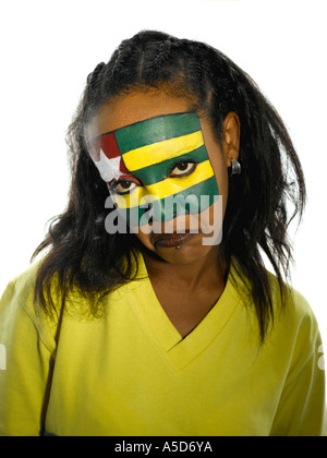 Woman with Togo flag painted on face, close-up, portrait Stock Photo