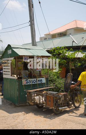 Old foreign Asian Gasoline or Petrol Filling station, with hand pumps,  shed, kiosk or hut near Krabi Beach resort, Krabi province Ao Nang, Thailand Stock Photo