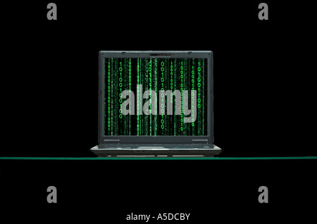 Laptop with binary code on computer monitor black background Stock Photo