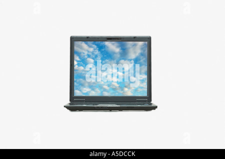 Laptop isolated on white background with cloudy sky on computer screen Stock Photo