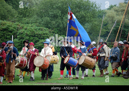 Drummers and standard bearers at a English civil war reenactment at Croxteth Park Liverpool 2006 Stock Photo