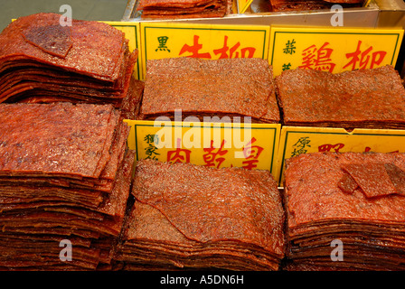 Slices of roasted dry pig for sale at the market in Macao China Stock Photo