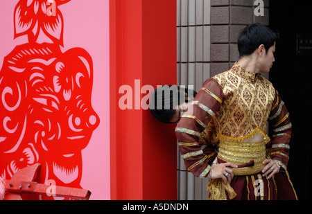 Performer prepare for Chinese Lunar New Year celebrations in Hong Kong, China Stock Photo