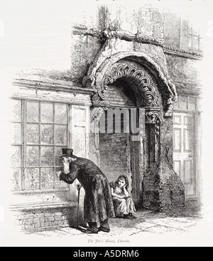 jew house Lincoln Lincolnshire old man look window shop doorway entrance stone medieval England English UK United Kingdom GB Gre Stock Photo