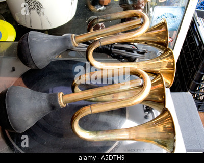 Old car horns at a junk shop...or bicycle? Stock Photo