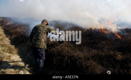 Gamekeeper dousing fire during controlled heather burning on the North Yorkshire Moors, UK Stock Photo