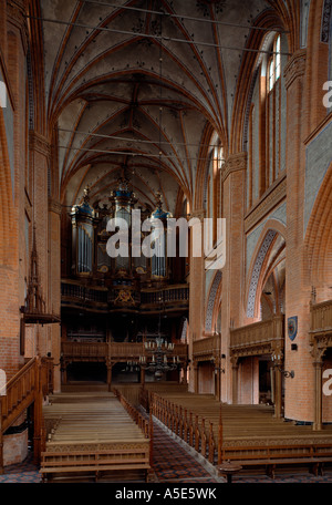 Malchin, St. Johanniskirche, Innen, Richtung Westen mit Orgel Stock Photo