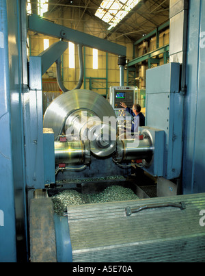 Computer controlled twin rotary headed steel milling machine in a heavy engineering works, northern England, UK. Stock Photo