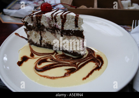 Gourmet slice of black forest cake garnished with starfruit and vanilla cream swirl. Stock Photo