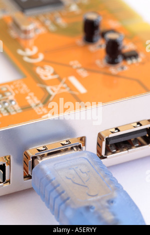 Computer USB cable connecting to port Stock Photo