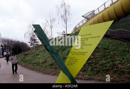 A sign by the Green Bridge that carries Mile End Park over the Mile End Road Stock Photo