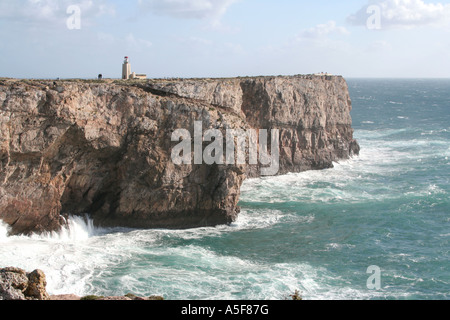 high cliffs within the Fortress of Sagres  people walking in the far distance Algarve Portugal Stock Photo