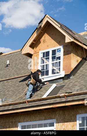 Immigrant Worker Installing Roof Shingles Stock Photo