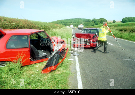 Scene of road traffic accident involving two cars Stock Photo