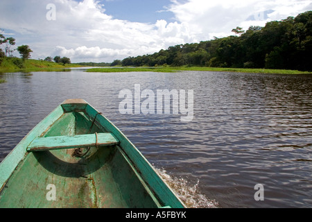 the bow of a dugout canoe on the arasa river in the amazon