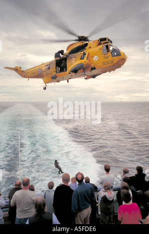 RAF Search Rescue Helicopter practices air lift from Newcastle Norway Ferry helecopter Stock Photo