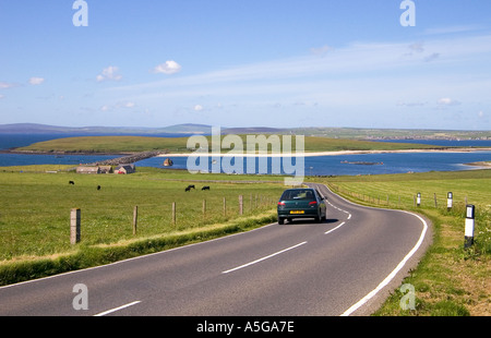 dh 3rd Churchill Barrier CHURCHILL BARRIERS ORKNEY Peugot car road on Burray leading to Glimps Holm via causeway