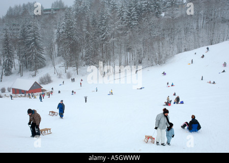 people tobogganning in St. Andreasberg in the Harz Mountains in Germany Stock Photo