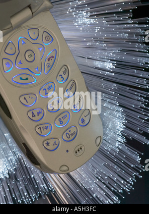 Fiber optic cables and a mobile phone Stock Photo