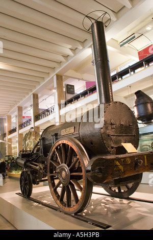 Replica of  George Stephenson’s Rocket steam engine, in the The Science museum, South Kensington London GB Stock Photo