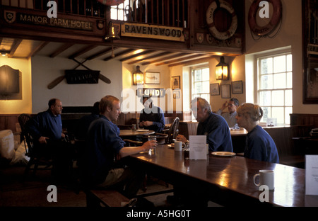 Lundy Staff at rest in the Marisco Tavern on Lundy Island in the Bristol Channel Devon England Stock Photo