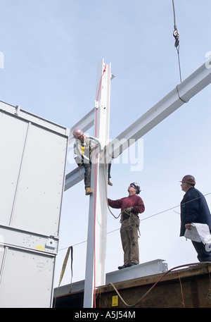 Iron workers  750 feet above ground at  Random House building at 1540 Broadway in New  York City. Stock Photo