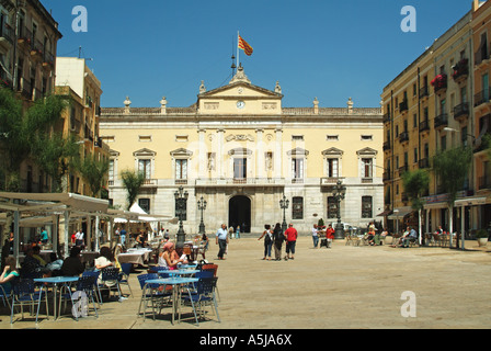 Tarragona Town Hall in Placa de la Font Fountains Square in the old city with pavement bars Stock Photo