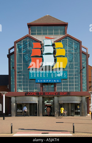 Facade of a main  shoppers entrance at Surrey Quays indoor shopping centre owned by British Land property business free car park Rotherhithe London UK Stock Photo