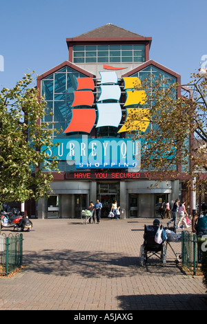 Facade of a main  shoppers entrance at Surrey Quays indoor shopping centre owned by British Land property business free car park Rotherhithe London UK Stock Photo